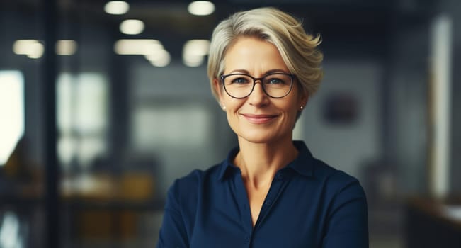 Portrait of confident happy smiling businesswoman standing in the office, female entrepreneur wearing business suit, glasses looking at camera
