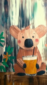 Painting of a cute cartoon koala bear enjoying a beer in the jungle, with vibrant colors and a textured brushstroke style