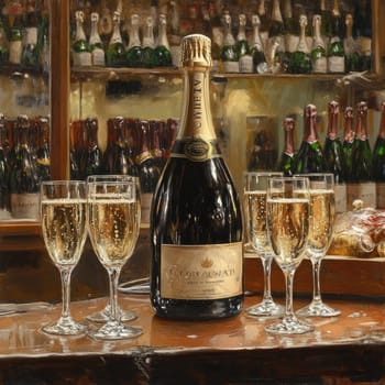 A bottle of sparkling champagne sits proudly on a polished bar top, surrounded by crystal glasses filled with bubbly delight, creating an atmosphere of celebration.
