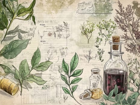 Herbs and essential oils are arranged on a textured backdrop with accompanying botanical sketches, showcasing the beauty and utility of natural remedies.