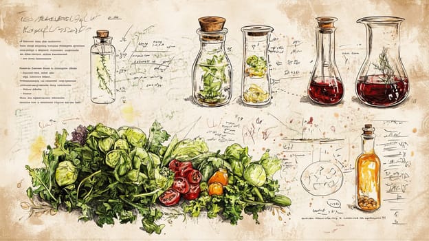 This infographic presents a menu featuring fresh vegetables, herbs, and oil preparation techniques, designed with a vintage aesthetic and clear visual details.
