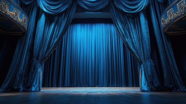 The theater stage is adorned with rich blue curtains, creating a captivating atmosphere. The setting awaits the next performance, showcasing the venue's charm and elegance.