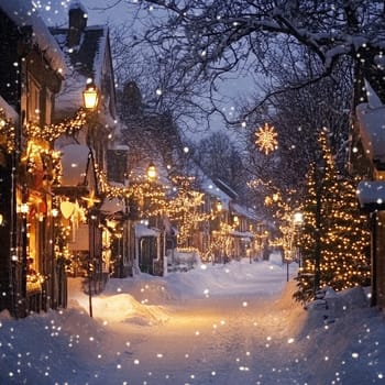 A quaint street is illuminated by warm lights, with snow gently falling around decorated buildings. The peaceful evening atmosphere enhances the holiday spirit.