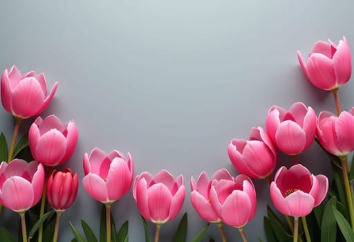 A delicate arrangement of pink half-opened tulips set against a gray background, highlighting the beauty of the soft petals. Perfect for floral-themed projects and elegant designs