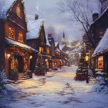 Quaint houses adorned with holiday lights and decorations create a magical winter wonderland, while snow blankets the ground and trees, evoking a festive spirit.