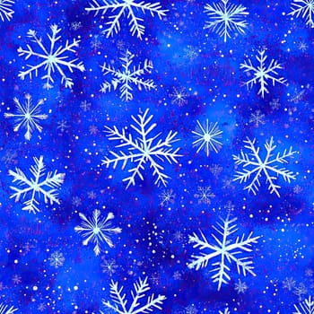 A vibrant blue background is adorned with various white snowflakes, creating a festive winter atmosphere perfect for seasonal decorations or designs.