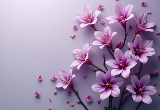 A striking arrangement of purple flowers set against a minimalist gray background. The vibrant purple petals stand out beautifully, creating a visually appealing contrast with the neutral backdrop. This image captures the elegance and simplicity of floral beauty, making it perfect for themes related to nature, decor, and design
