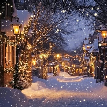 A charming village street is blanketed in snow, with twinkling lights on the buildings and warm lanterns glowing amid a gentle snowfall. It's a peaceful winter evening.
