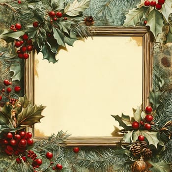 A decorative frame surrounded by vibrant holly leaves, red berries, and pine branches creates a perfect setting for winter holiday messages and seasonal greetings.