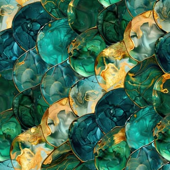 An intricate arrangement of teal and green circular shapes interspersed with golden accents creates a mesmerizing abstract design that attracts the eye.