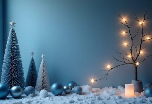 Scandinavian-style Christmas decor in blue with yellow lights. High quality photo