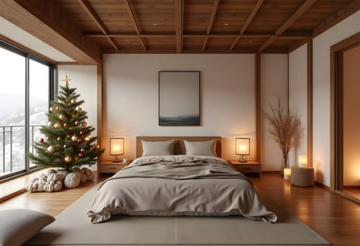 Interior of bedroom with bed, shelving unit and folding screen. High quality photo