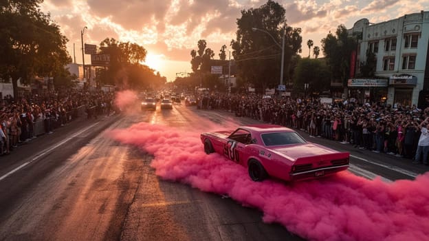 Powerful sports cars race through city streets at sunset, leaving a trail of smoke, thrilling spectators with high speed action