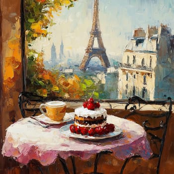 A charming café table adorned with a tempting cake and a steaming cup of coffee offers a picturesque view of the Eiffel Tower and Parisian skyline.