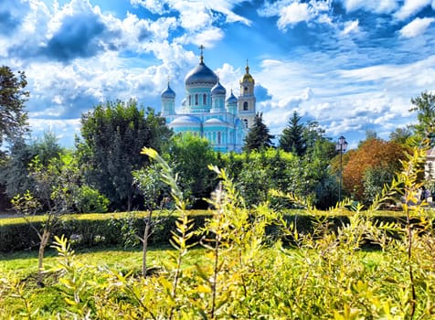 The church in the Orthodox monastery in Diveevo and blue sky with white clouds in nice day