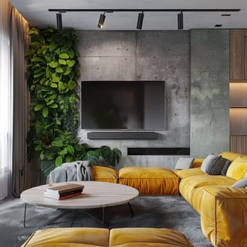 A vibrant living room showcases a spacious yellow sectional sofa surrounded by decorative plants, accompanied by a modern television on a textured wall, creating an inviting atmosphere.