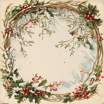 An elegant winter wreath features vibrant holly leaves and clusters of red berries, set against a soft snowy backdrop, evoking a classic holiday ambiance.