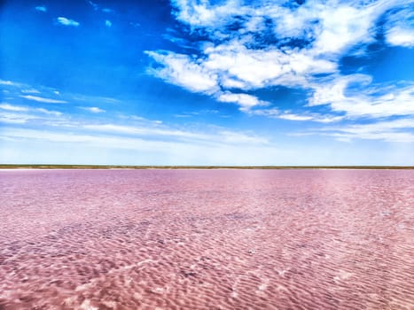 A breathtaking display of nature showcases the salty pink lake in Kalmykia, reflecting the vibrant colors under a brilliant sky.