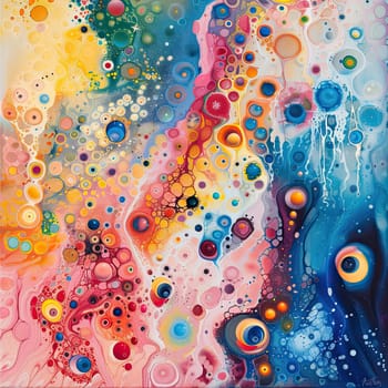 This artwork features a mesmerizing arrangement of colorful circular shapes and intricate patterns, blending hues of blue, orange, pink, and yellow, creating a lively visual experience.