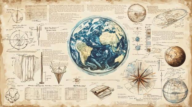 This infographic presents various illustrations of Earth alongside key geographical information, historical mapping techniques, and scientific data, offering a comprehensive overview of the planet.