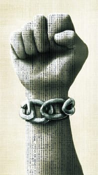 Powerful fist, adorned with intricate patterns, is breaking free from heavy chains, symbolizing the struggle for freedom and equality