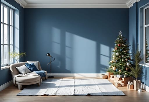 The Scandinavian-style blue room is decorated with a beautiful Christmas tree. High quality photo