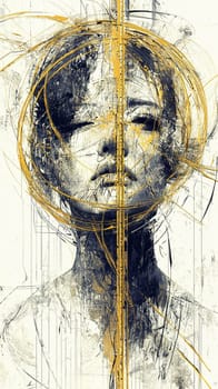 Abstract portrait of a woman with yellow lines surrounding her head, emerging from an abstract painted background with a textured grunge look