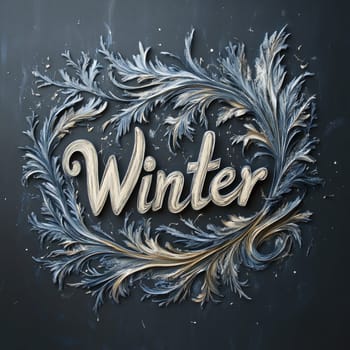 An artistic representation highlighting the word Winter surrounded by beautifully crafted, ornate designs in shades of blue and gold on a dark backdrop.