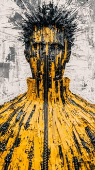 Abstract portrait of a man created using black and yellow zippers on a textured white background, symbolizing individuality and style