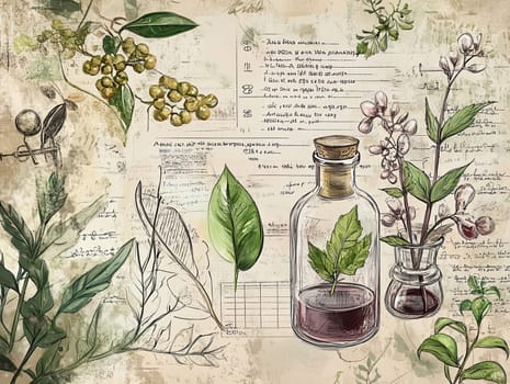 This artwork features a collection of botanical elements, including various plants, herbs in glass containers, and handwritten notes about herbal properties, blending nature and knowledge.