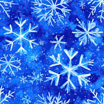 Delicate snowflakes of various shapes and sizes create a stunning pattern against a deep blue backdrop, reflecting the charm of a winter wonderland.