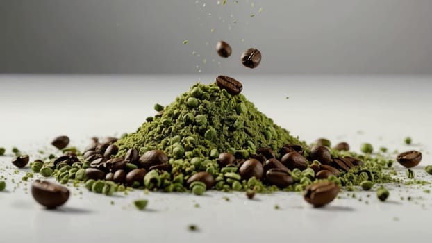 Heap of Bright Green Matcha Powder and Scattered Coffee Beans Isolated on White Background.