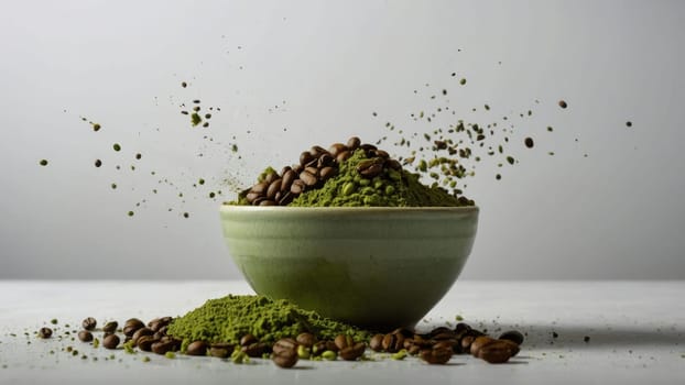 Green coffee beans and powder in a bowl isolated on a white background..