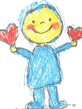 Young boy smiles holding two red hearts in a simple crayon drawing, capturing childhood innocence and love. Perfect for love, friendship, family, or valentine's day projects