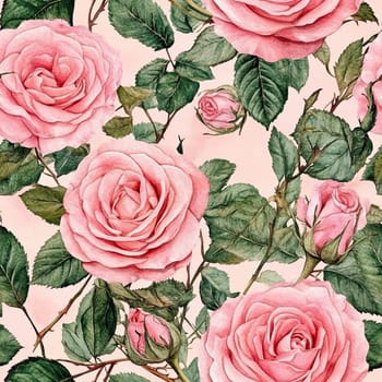 A vibrant display of pink roses and budding flowers is intertwined with lush green leaves against a subtle pastel backdrop, exuding freshness and elegance.
