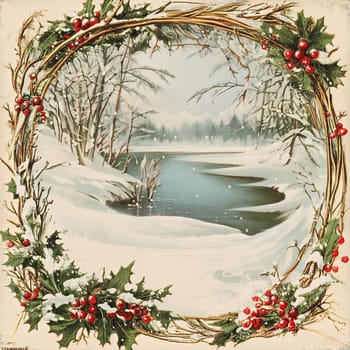 A serene winter landscape showcases a gently flowing river framed by snow-laden trees and vibrant holly berries, evoking a calm holiday spirit.