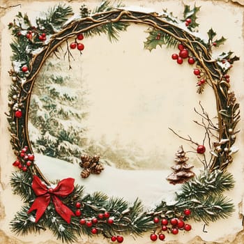 A beautifully crafted winter wreath featuring lush pine branches, bright red berries, and a bow, surrounded by a tranquil snowy landscape that evokes the festive season.