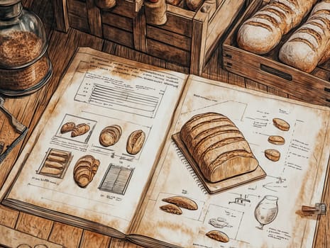 An open baking book displays various bread recipes and types next to fresh loaves, surrounded by baking utensils on a wooden tabletop, suggesting an active baking session.