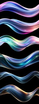 Colorful flowing waves in multiple hues undulate gracefully against a dark backdrop, showcasing a dynamic interplay of light and form. The design evokes a sense of movement and fluidity.