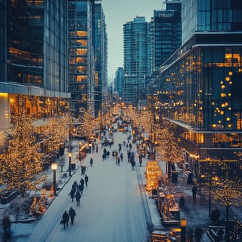 As evening falls, people stroll down a snowy city street illuminated by warm lights from trees and storefronts, creating a festive atmosphere.