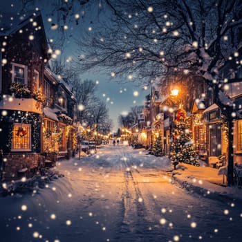 A picturesque winter evening showcases a snow-covered street lined with charming buildings. Soft snowflakes fall as colorful holiday lights illuminate the scene, creating a festive atmosphere.