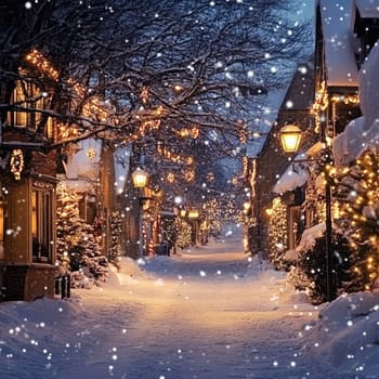 A picturesque village street is blanketed in fresh snow, illuminated by warm lanterns and dazzling lights, creating a magical atmosphere in the holiday season.