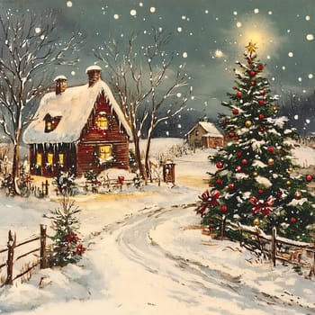 The cozy cabin glows warmly in the snowy twilight as festive decorations adorn the cheerful Christmas tree nearby, creating a perfect winter wonderland atmosphere.