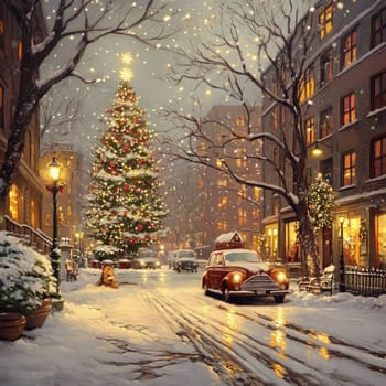 A charming winter evening showcases a large Christmas tree illuminated with colorful lights, surrounded by snow-covered buildings and a vintage car parked on the quiet, festive street.