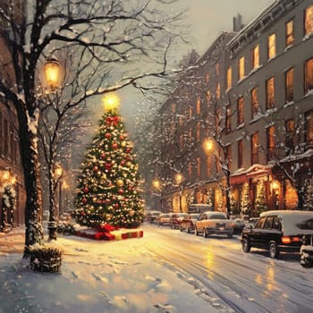 A charming winter evening unfolds as a decorated Christmas tree shines bright on a snow-covered street, surrounded by festive lights and cozy buildings.
