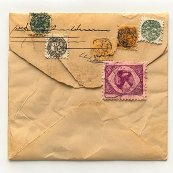 A vintage envelope featuring several colorful postage stamps and a handwritten address. The envelope shows signs of age, reflecting a rich history from the early 1900s.