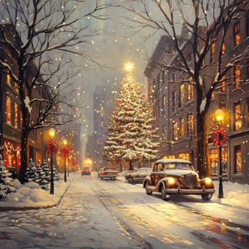 A snowy urban street glows with festive lights as a tall Christmas tree stands proudly. Vintage cars pass by, enhancing the nostalgic winter atmosphere.