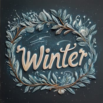 An artistic winter decoration features the word Winter crafted with delicate leaves and a textured dark backdrop, evoking a seasonal atmosphere in a cozy setting.