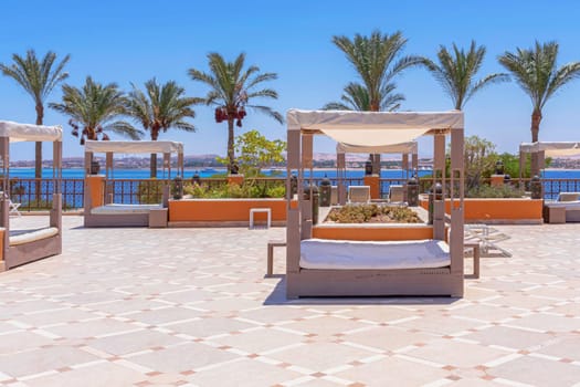 A luxurious scene of sunbeds arranged on a tiled patio with palm trees and a stunning seaside view in the background. The clear blue sky adds to the tropical atmosphere, perfect for a beach resort setting.
