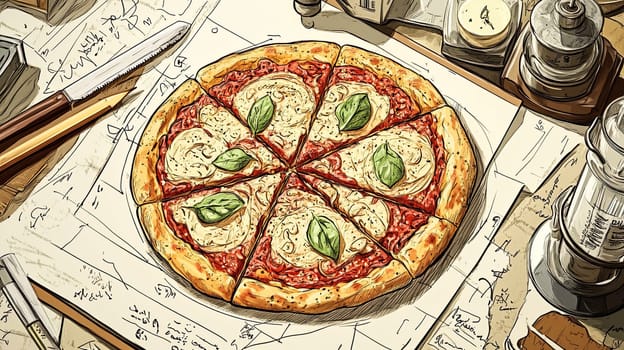 A detailed infographic menu features a tempting pizza topped with fresh basil on a rustic wooden table, accompanied by various kitchen tools and notes, showcasing culinary creativity.